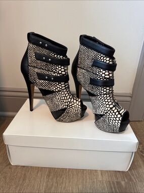 Women's Black & White High-Heel Peep-Toe Booties